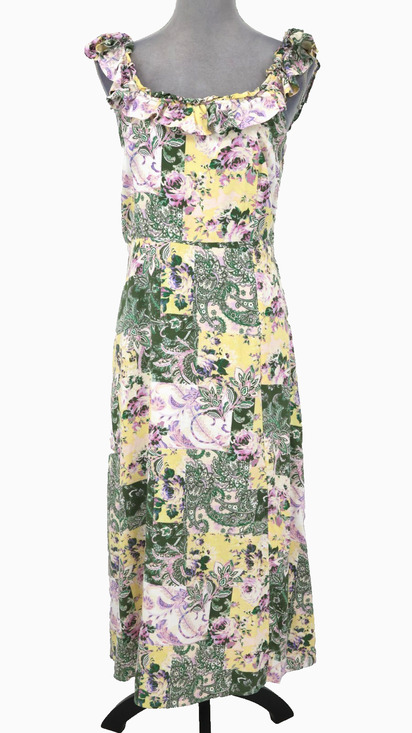 LOFT Dresses & Skirts - Loft Dress Womens Medium Green Yellow Floral Cotton Rayon Back Zip Ruffle Trim